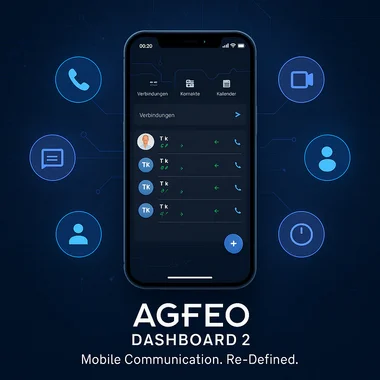 Smartphone mit AGFEO Dashboard 2 App und Funktionen wie Telefonie, Kontakte, Chat und Video