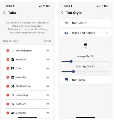 Zwei Ansichten der AGFEO Dashboard 2 App zur Anpassung von Tabs, Reihenfolge, Symbolen und Schriftgröße