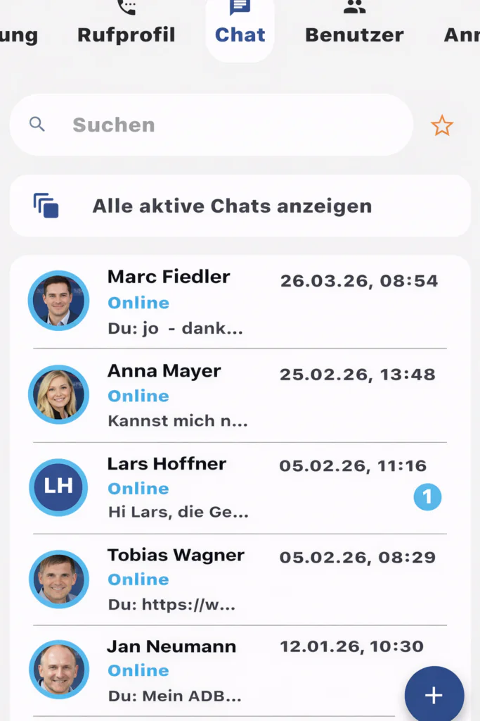 Chatübersicht in der AGFEO Dashboard 2 App mit aktiven Unterhaltungen, Kontakten und Statusanzeigen