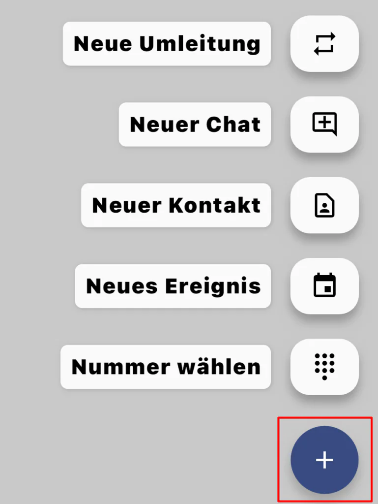 Schnellzugriffe in der AGFEO Dashboard 2 App für Funktionen wie Umleitung, Chat, Kontakte, Termine und Wählfunktion